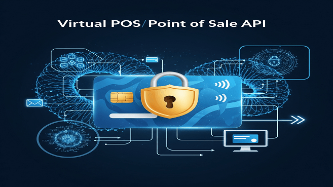 Virtual POS API illustrating online payment security and fast transactions.