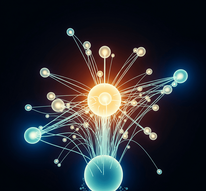 Dynamic and interconnected abstract network visual made of bright dots and lines.