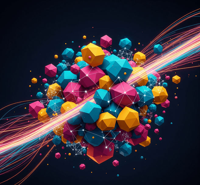 A sphere composed of geometric shapes in various colors with bright light trails moving around it.