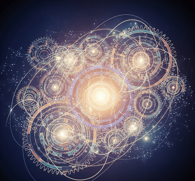 Interconnected, intricately detailed gears with scattered light particles around them.