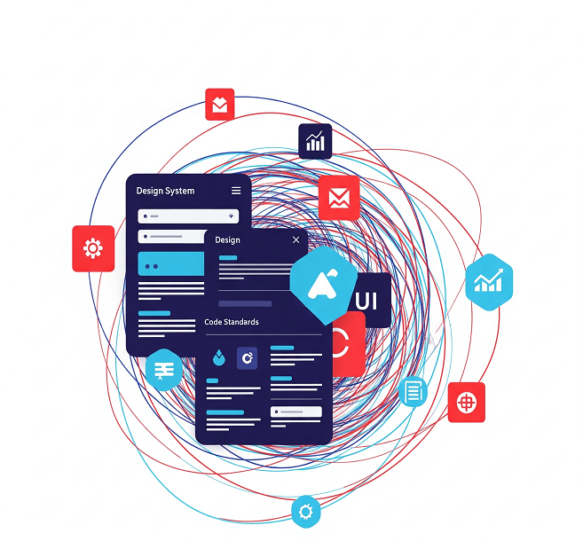  An abstract design system visual showing UI components, style guides, and code standards, symbolizing consistency and collaboration.