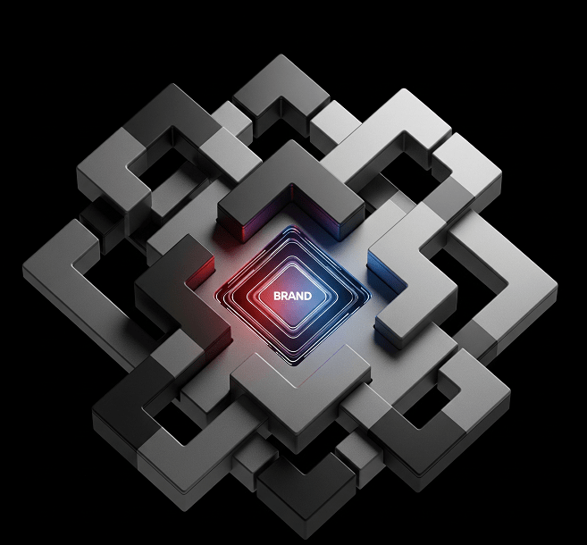 An abstract design system visual of interlocking geometric blocks, emphasizing modularity, reusability, and a unified brand identity.