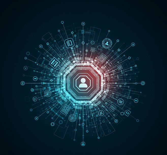 An abstract digital platform visual showing interconnected systems, data flow, and user interaction as the central hub of a business's digital presence.