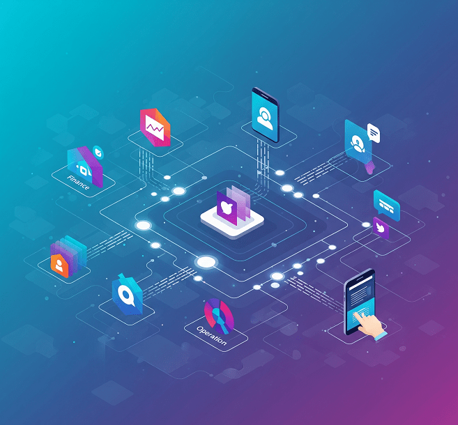  An abstract digital platform visual illustrating the concept of a unified ecosystem for businesses, connecting various departments, customer touchpoints, and data streams into a single, cohesive system.