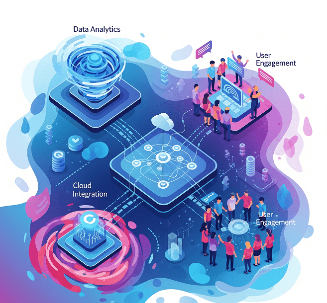 A dynamic digital platform ecosystem visual showing data analytics, cloud integration, and user engagement as interconnected elements driving business growth.