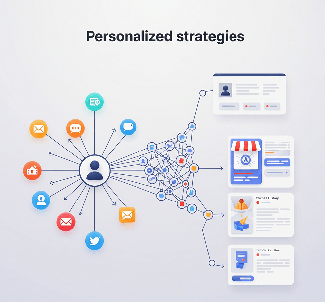 An abstract strategy visual showing data analysis leading to personalized content and recommendations, fed by individual user profiles.