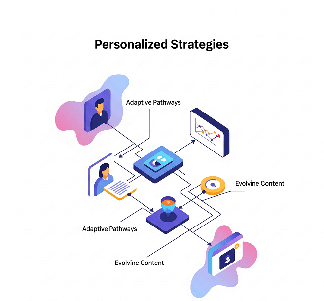 An abstract strategy visual depicting a customer's journey through a tailored experience, with adaptive pathways and evolving content.