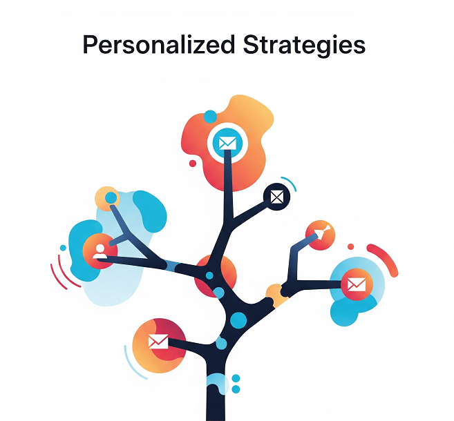 An abstract strategy visual illustrating experiences tailored to individual customer journeys, with a focus on data-driven insights and unique user paths.